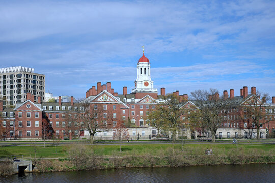 Harvard University viewed from across the Charles River, with the prominent clocktower and cupola of Dunster House