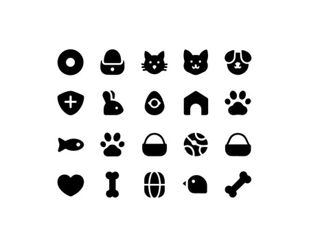 Collection of twenty pet-related icons including cats dogs rabbits fish bones paw prints hearts with pet care animal care pet accessories pet supplies collection domestic veterinary