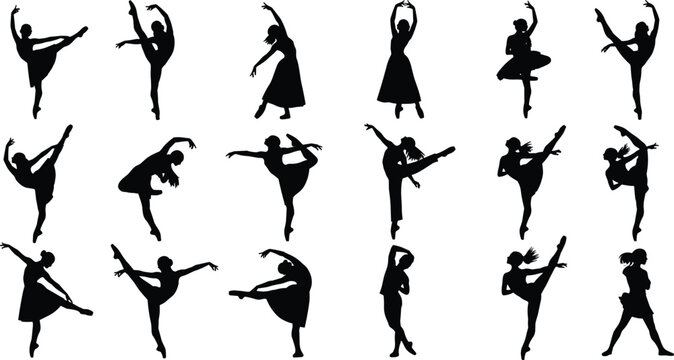 Large collection of black silhouettes featuring various ballet and contemporary dance poses representing grace elegance athletic performance flexibility and professional stage movement for artistic 