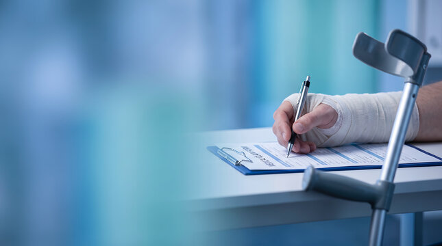 Injured Worker Filling Disability Insurance Claim Form with Crutches for Income Protection, Health Insurance, Workplace Injury, Medical Claim, Financial Protection and Web Banner Use