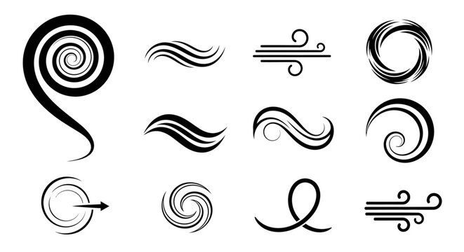 Abstract Swirls and Wind Icons Set, Black and White Graphic Elements