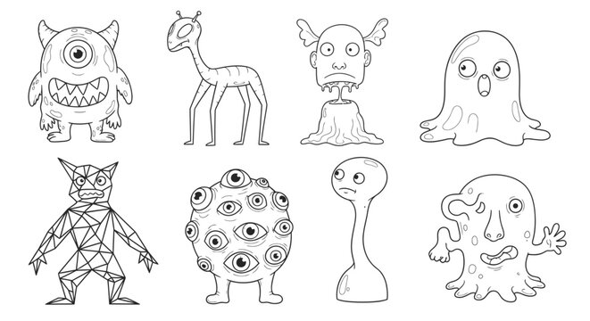 Collection of unique cartoon monsters and creatures - hand-drawn style