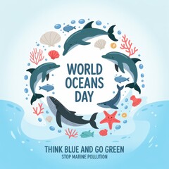 Obraz premium World Oceans Day concept with marine animals and stylized sea waves background