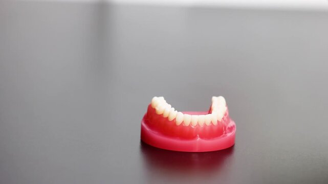 Clear dental aligner placement on upper jaw model in dentist hands