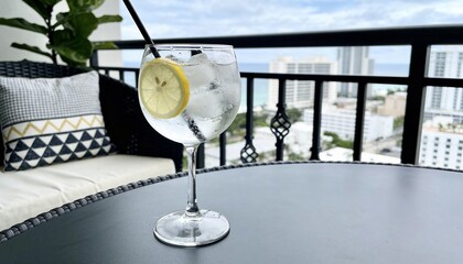 Obraz premium Refreshing gin and tonic cocktail with lemon and ice on a balcony.