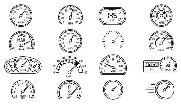 Collection of various car speedometers gauges and dashboard instruments on transparent background vector.