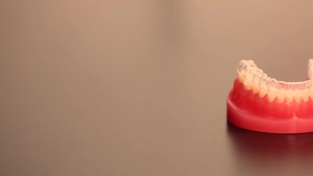 Clear dental aligner placement on upper jaw model in dentist hands