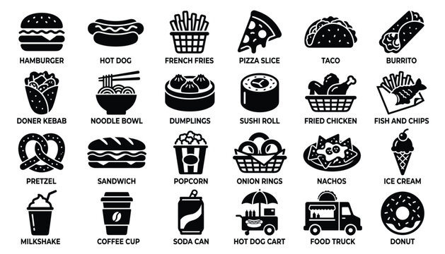 Assortment of popular fast food icons and items including burgers fries pizza and drinks on transparent background.