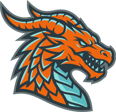 orange dragon head with blue accents and sharp teeth and horns on transparent background