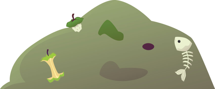 A pile of organic waste with an apple core and a fish skeleton.