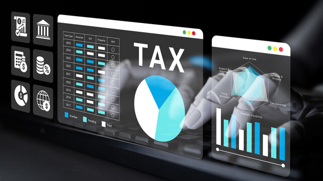 A modern digital dashboard showcasing tax management with interactive graphs and data visualization on a sleek desktop setup, ideal for financial analysis and strategic planning. Ledger