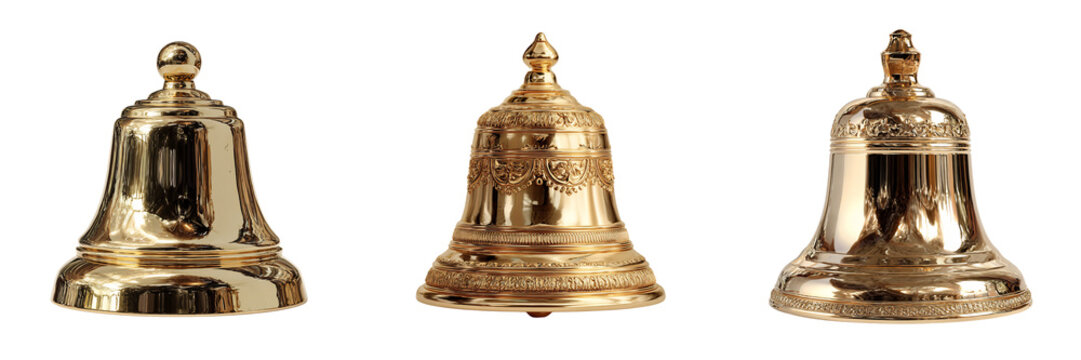 Set of single golden Christmas bell with a shiny metallic finish, on transparent png background. Ai generated