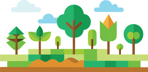 Fototapeta premium Forest scenery flat vector illustration with trees and rolling hills