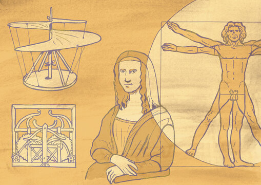 Monochrome Collage mit Zeichnungen und Erfindungen von Leonardo da Vinci