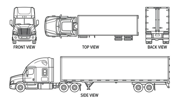 Vector semi trailer truck drawing with multiple views front top side back and perspective view isolated on transparent background.