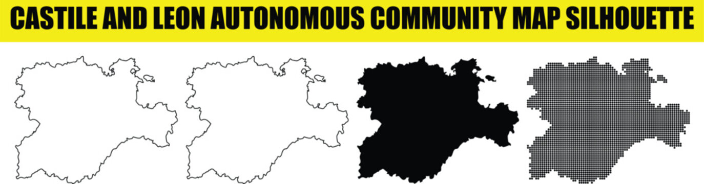 Castile and leon autonomous community map silhouette with four variations solid black outline black and white and halftone black dots.