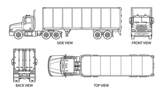 Vector semi trailer truck drawing with multiple views front top side back and perspective view isolated on transparent background.