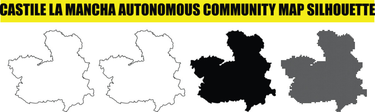 Castile la mancha autonomous community map silhouette with four variations solid black outline black and white and halftone black dots.