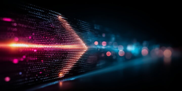 Bright red and blue arrow is shown in a blurry, pixelated image. The image has a futuristic, abstract feel to it