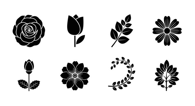 Black Flower Silhouettes - Rose, Tulip, Daisy Icons Set