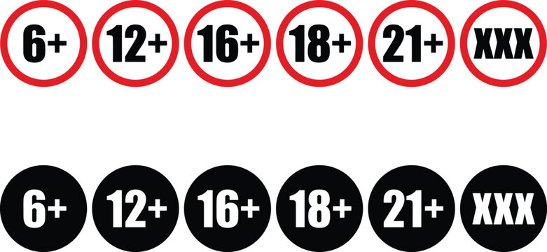 Age Restriction Icons Set Featuring 6+, 12+, 16+, 18+, 21+, and XXX for Content Rating and Age Verification