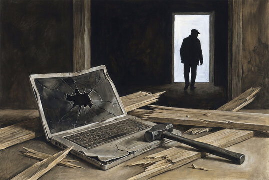 A smashed laptop and a hammer lie on a table among broken wood in a dark room. In the background, a silhouette of a man walks away through a bright doorway.