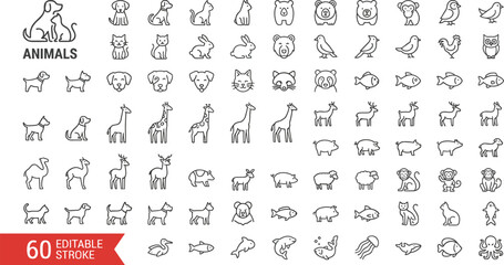 Fototapeta premium Animal Icon Set Featuring Dogs, Cats, Bears, Birds, Giraffes, and More for Wildlife, Pet, and Nature Illustrations