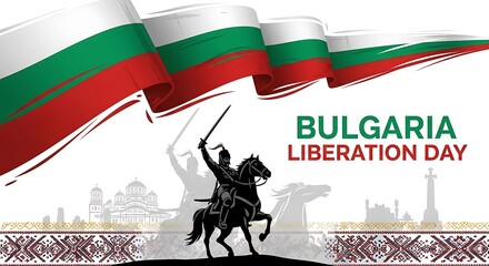 Bulgaria Liberation Day patriotic banner, waving Bulgarian flag with national symbols, historic monument and horseman silhouette on white background