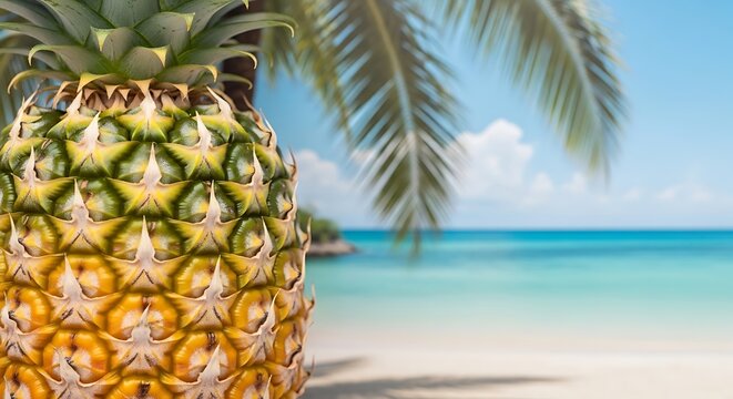 Pineapple on a tropical beach with palm tree and ocean view