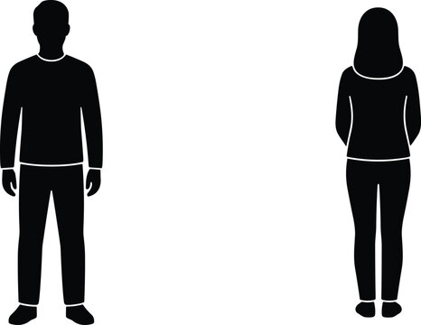 Professional black silhouette vector of a man facing forward and a woman facing back standing isolated on white for human body figure design.
