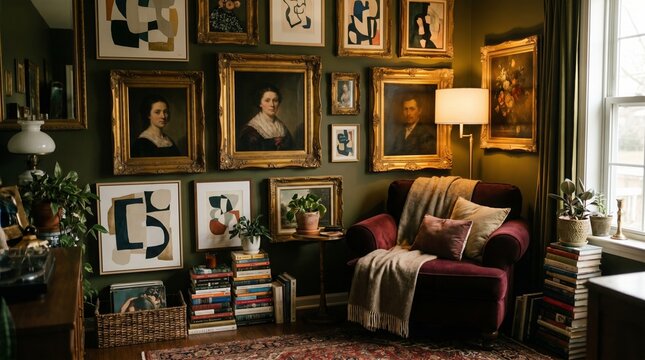 Quiet maximalist reading corner featuring an eclectic gallery wall with thick vintage frames. 