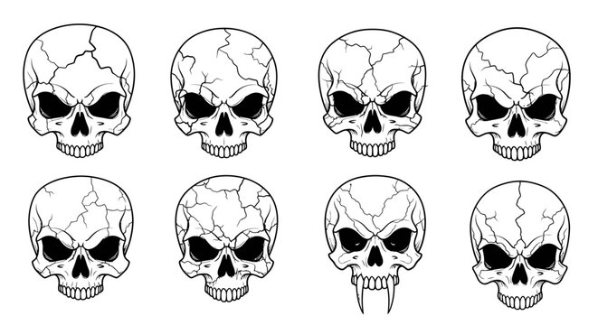 Collection of eight menacing skull illustrations with cracked textures