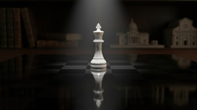 White marble chess king piece standing on a reflective board