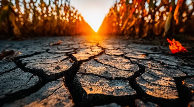 Close up of a dried out dirt road with a sun setting in the background. The sun is casting a warm glow on the ground