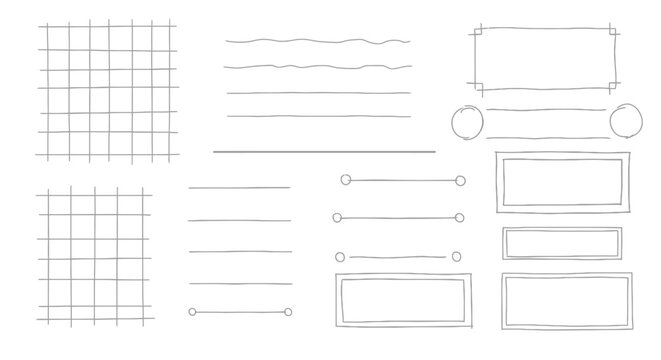 Hand-drawn doodle elements: grids, lines, borders, shapes for journaling and design