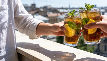 Obraz premium Two people clinking glasses of iced tea with mint and lemon on a sunny rooftop.