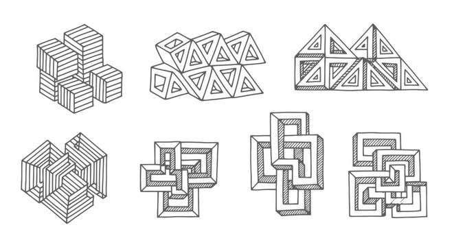 Geometric Abstract Shapes: Hand-drawn 3D Forms and Structures