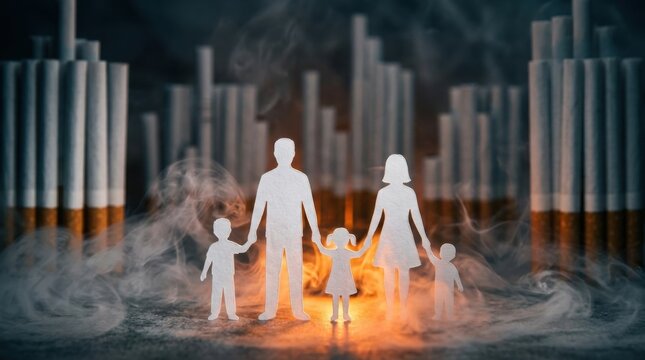 Paper Cutout Family Silhouette Standing in Front of Giant Cigarette Wall