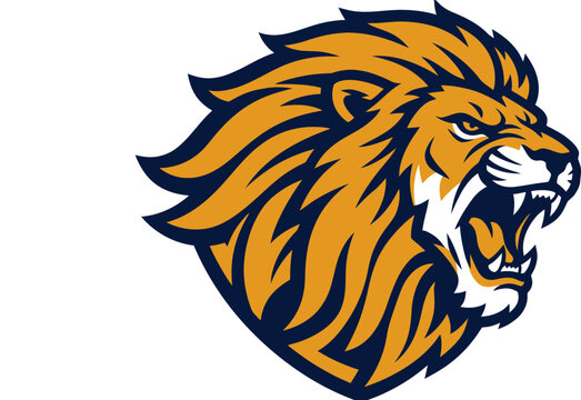 Angry lion head with open mouth and sharp teeth in orange and black colors