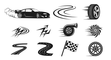 Racing Car Set: Speed Lines, Tire, Turbo, Flag, Track Elements © Wilujeng Graphic