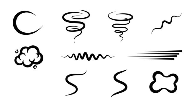 Hand-drawn wind and motion icons: swirl, wave, speed lines, cloud