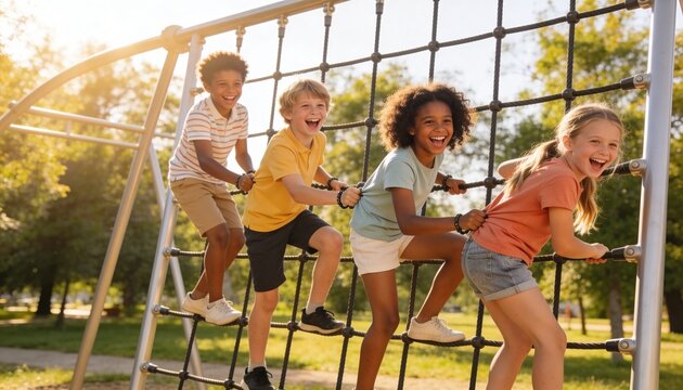 Diverse group of children playing on a rope climbing frame at a park. Happy kids laughing and holding onto each other during outdoor activity. Childhood friendship and active lifestyle concept