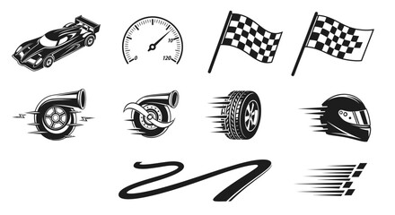 Racing Icons: Car, Flags, Turbo, Wheel, Helmet, Speedometer, Track © Wilujeng Graphic