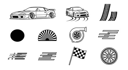 Car Tuning Vector Icons: Turbo, Wheels, Racing Flags, Tire Tracks © Wilujeng Graphic