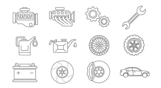 Car Parts Icons: Engine, Wheels, Battery, Wrench, Oil Can, Car Outline