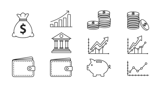 Financial Icons Set: Money Bag, Piggy Bank, Wallet, Bank, Graphs, Coins