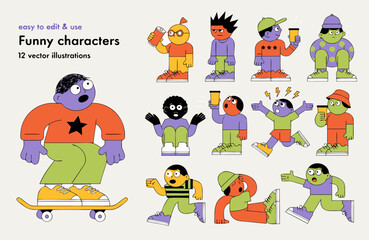 Fototapeta premium Characters featuring diverse individuals are displayed in a colorful collection of vector illustrations showing various activities and emotions, providing ample copy space for creative design project.