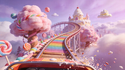 Naklejka premium Fantasy candy land landscape with rainbow roller coaster, cotton candy trees, and sweet castle in clouds, conceptual illustration for children imagination and dreaming.