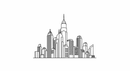 Fototapeta premium Stylized line art silhouette of a dense city skyline with diverse architecture
