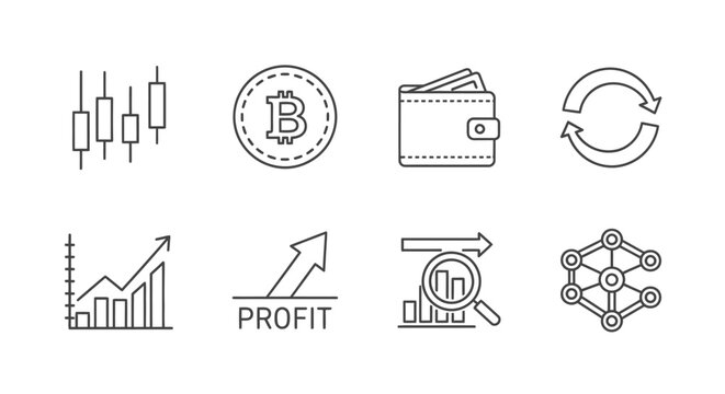 Cryptocurrency Icons: Bitcoin, Wallet, Graph, Blockchain, Profit, Trading